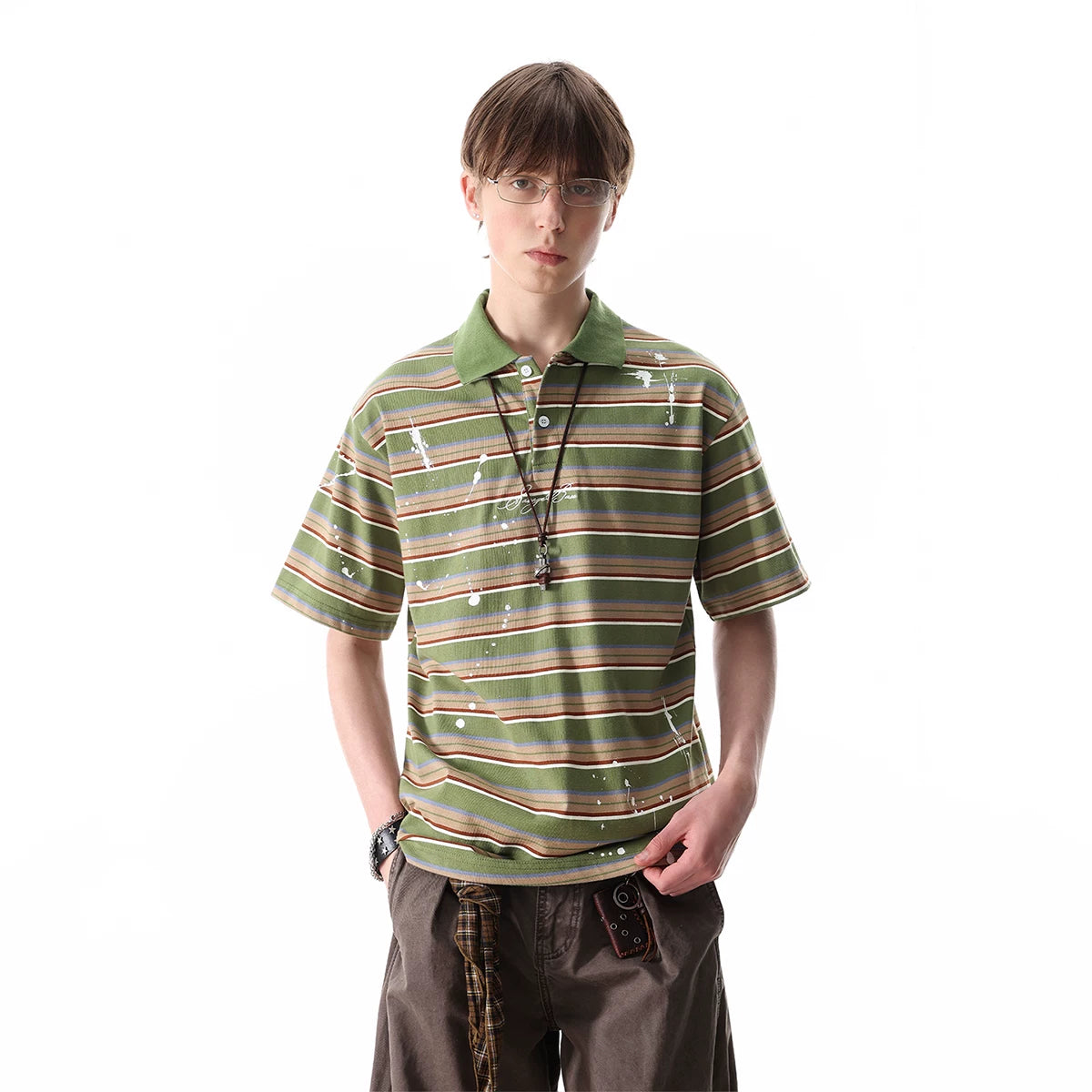 TREND ST American retro contrasting horizontal striped polo shirt short sleeved men's summer splashed ink embroidered loose T-shirt