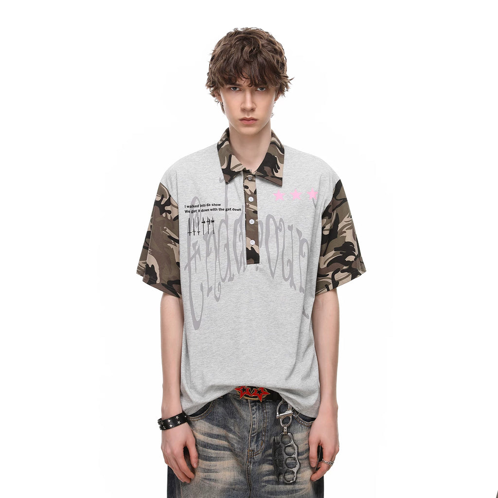 Vintage American fashion brand camouflage spliced polo shirt short sleeved men's summer trend loose casual couple T-shirt