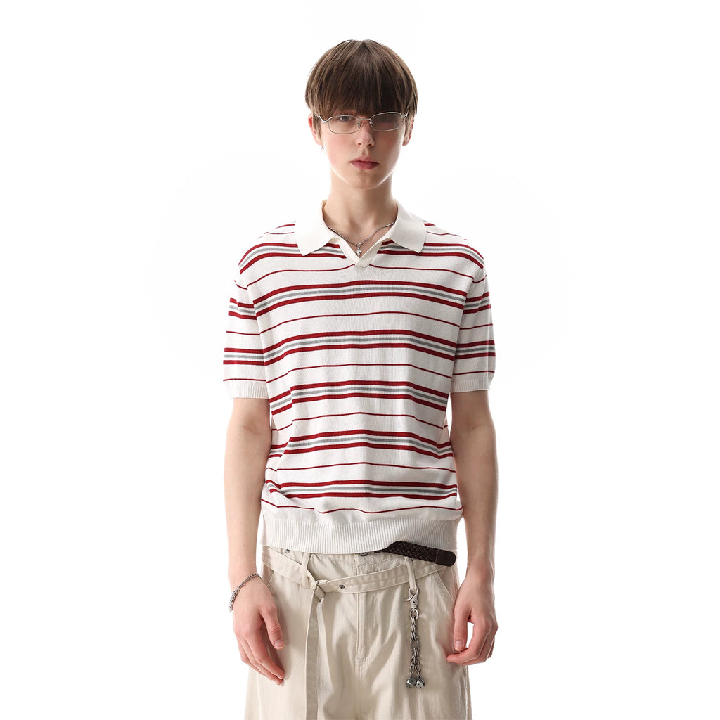 [Old Money Style Knitted] TREND ST Striped Polo Collar Short Sleeve Men's Trendy American Retro Summer Collar Top