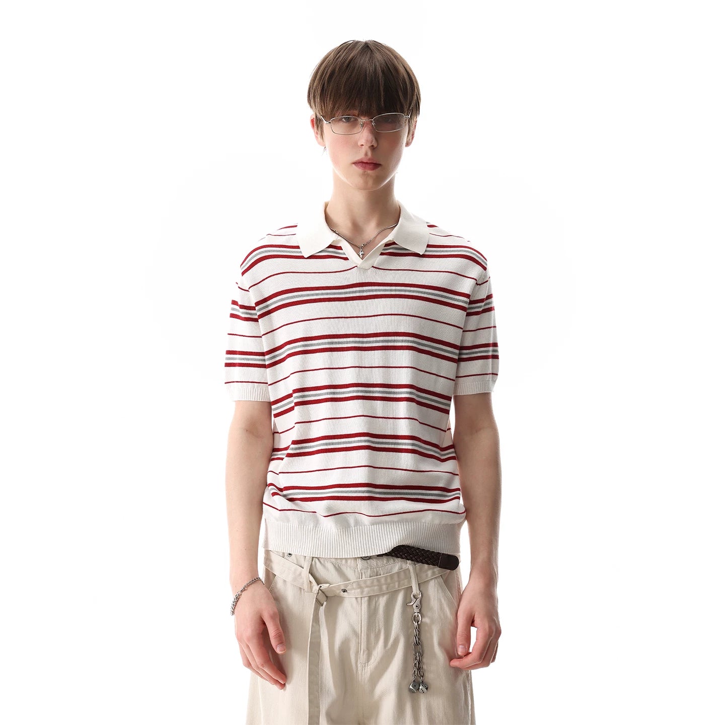 [Old Money Style Knitted] TREND ST Striped Polo Collar Short Sleeve Men's Trendy American Retro Summer Collar Top