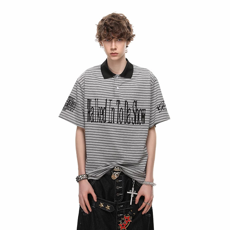 American retro striped contrasting lapel T-shirt men's 2026 summer fashion trendy brand loose letter printed polo shirt short sleeved
