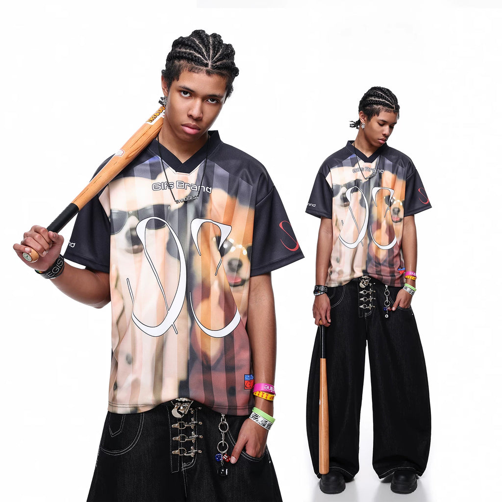 TREND ST trendy American V-neck sports jerseys for men and women, summer dog print short sleeved t-shirts, loose baseball jerseys