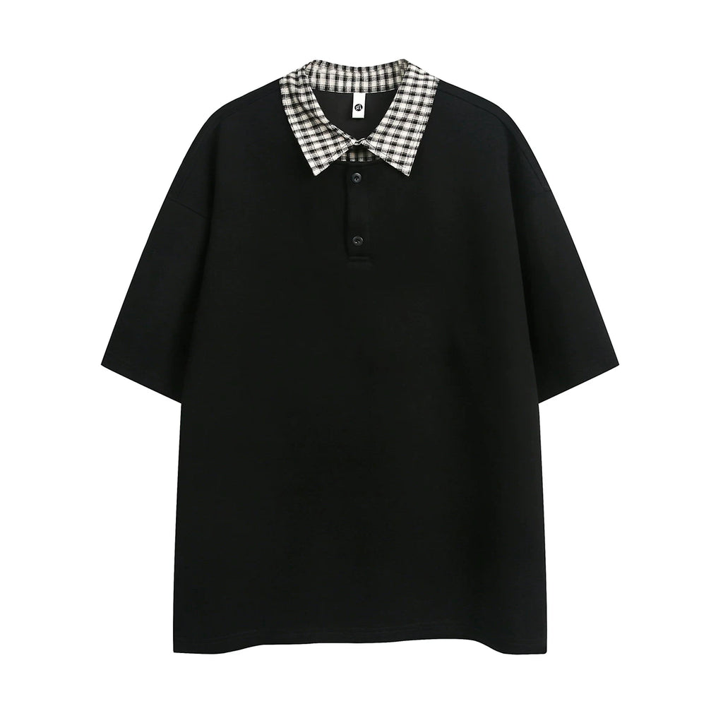 Trendy contrasting plaid patchwork polo shirt short sleeved men's summer loose and versatile fake two-piece half sleeved couple T-shirt