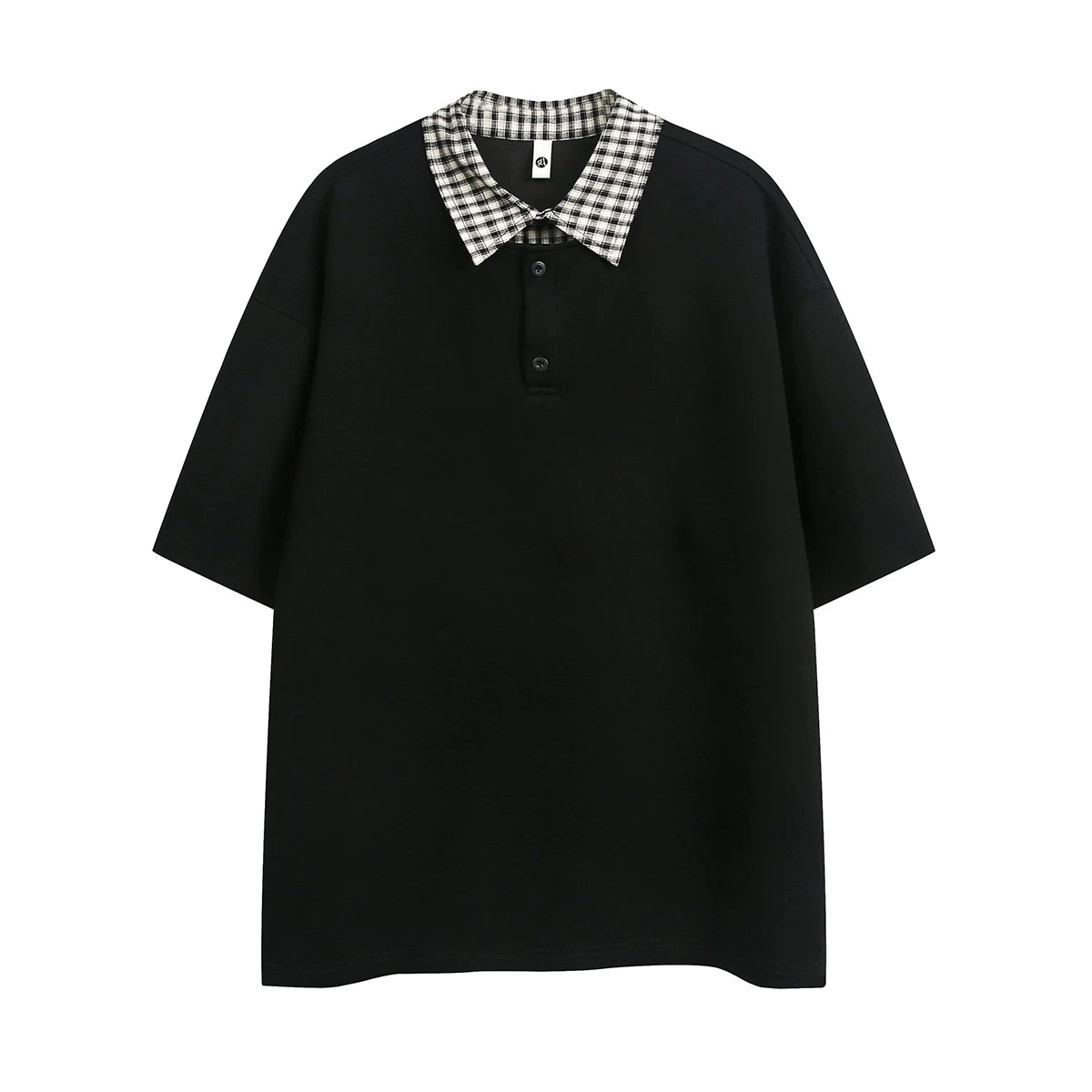 Trendy contrasting plaid patchwork polo shirt short sleeved men's summer loose and versatile fake two-piece half sleeved couple T-shirt