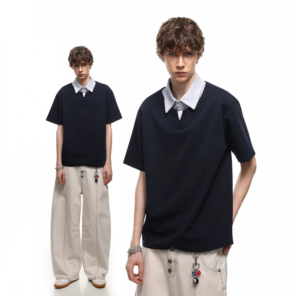 Trendy block summer miu department college style polo shirt short sleeved loose casual top for couples, fake two piece T-shirt
