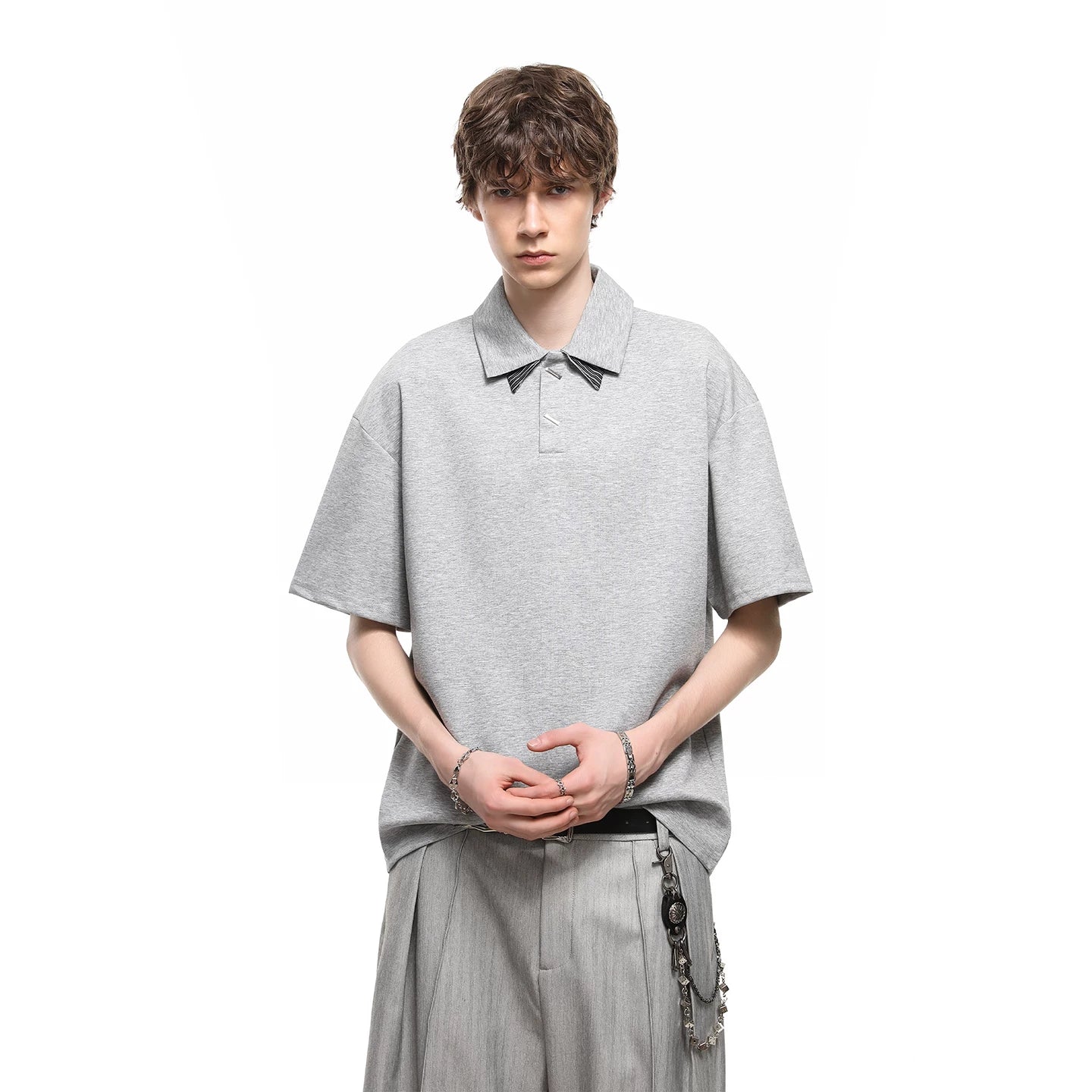 TREND ST American style fake two gray polo shirts short sleeved T-shirt men's summer cleanfit double-layer collar top