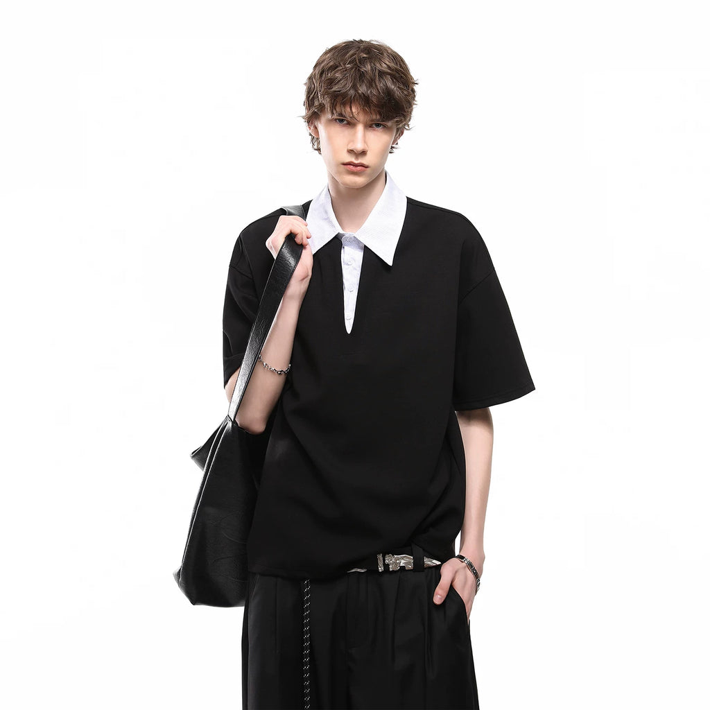 Trendy block cleanfit fake two piece shirt collar short sleeved T-shirt men's summer loose college style polo shirt top