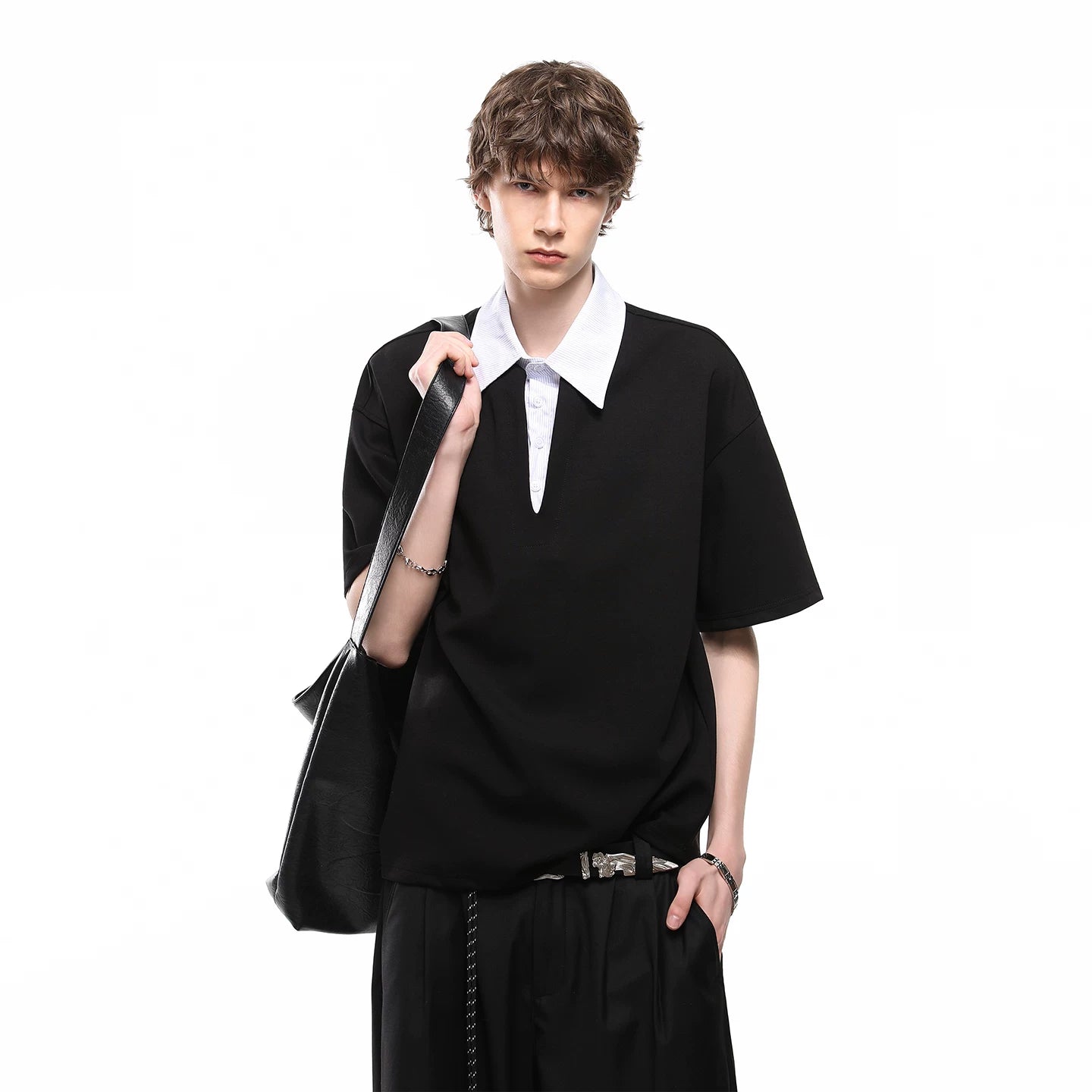 Trendy block cleanfit fake two piece shirt collar short sleeved T-shirt men's summer loose college style polo shirt top