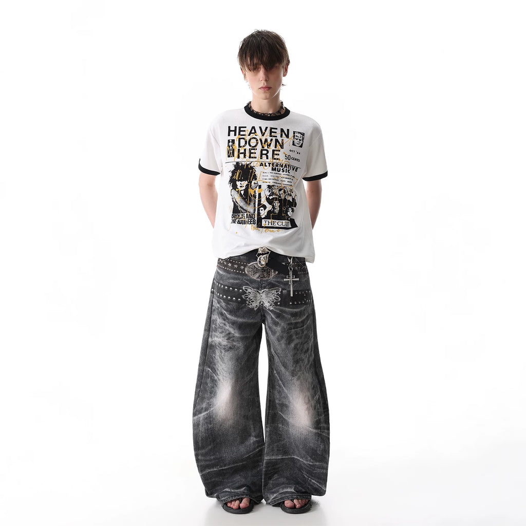 TREND ST Summer Street Punk Figure Printed Shoulder Short sleeved T-shirt Men's Boxy Version Short T-shirt
