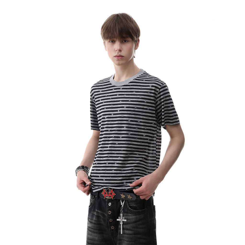 TREND ST striped star short sleeved American retro Lyocell short shoulder skinny millennium style T-shirt