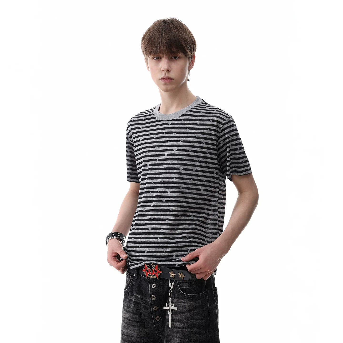 TREND ST striped star short sleeved American retro Lyocell short shoulder skinny millennium style T-shirt