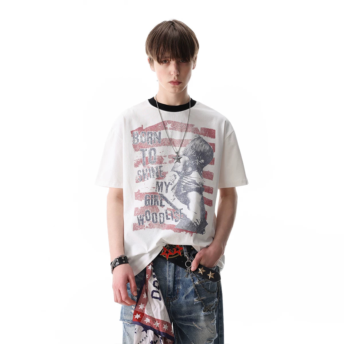 TREND ST Light Asian Street Retro Printed Short Sleeve T-shirt for Men's Summer Loose Solona Cool Half Sleeve T-shirt