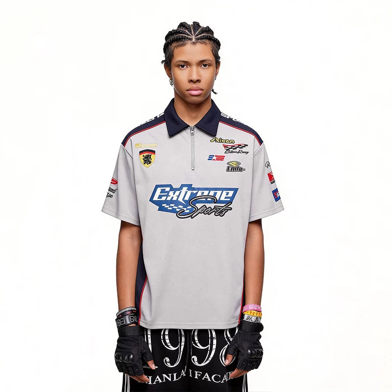 American high-end racing suit with half zipper collar T-shirt, men's summer loose design, embroidered polo shirt, short sleeved