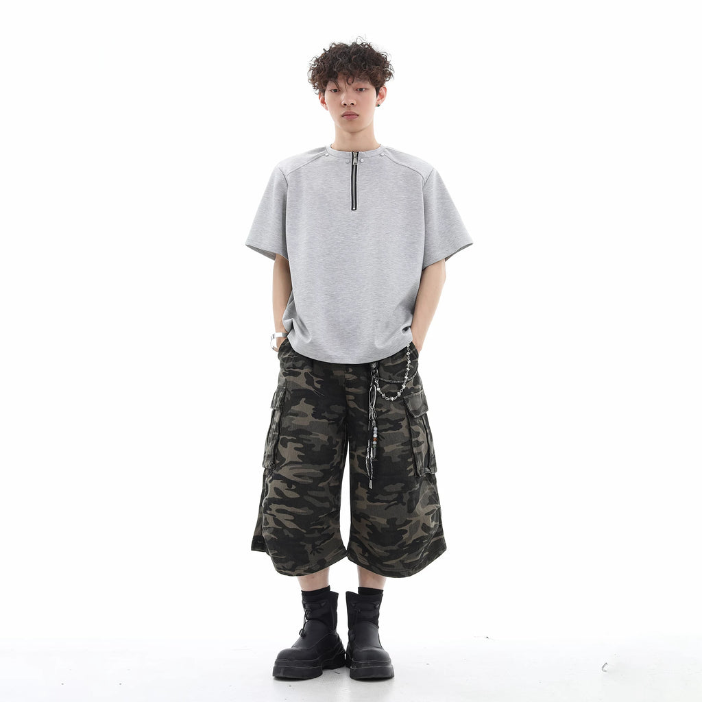Trend st niche design high street rivet half zipper short sleeved T-shirt men's loose shoulder pad solid color half sleeve TEE