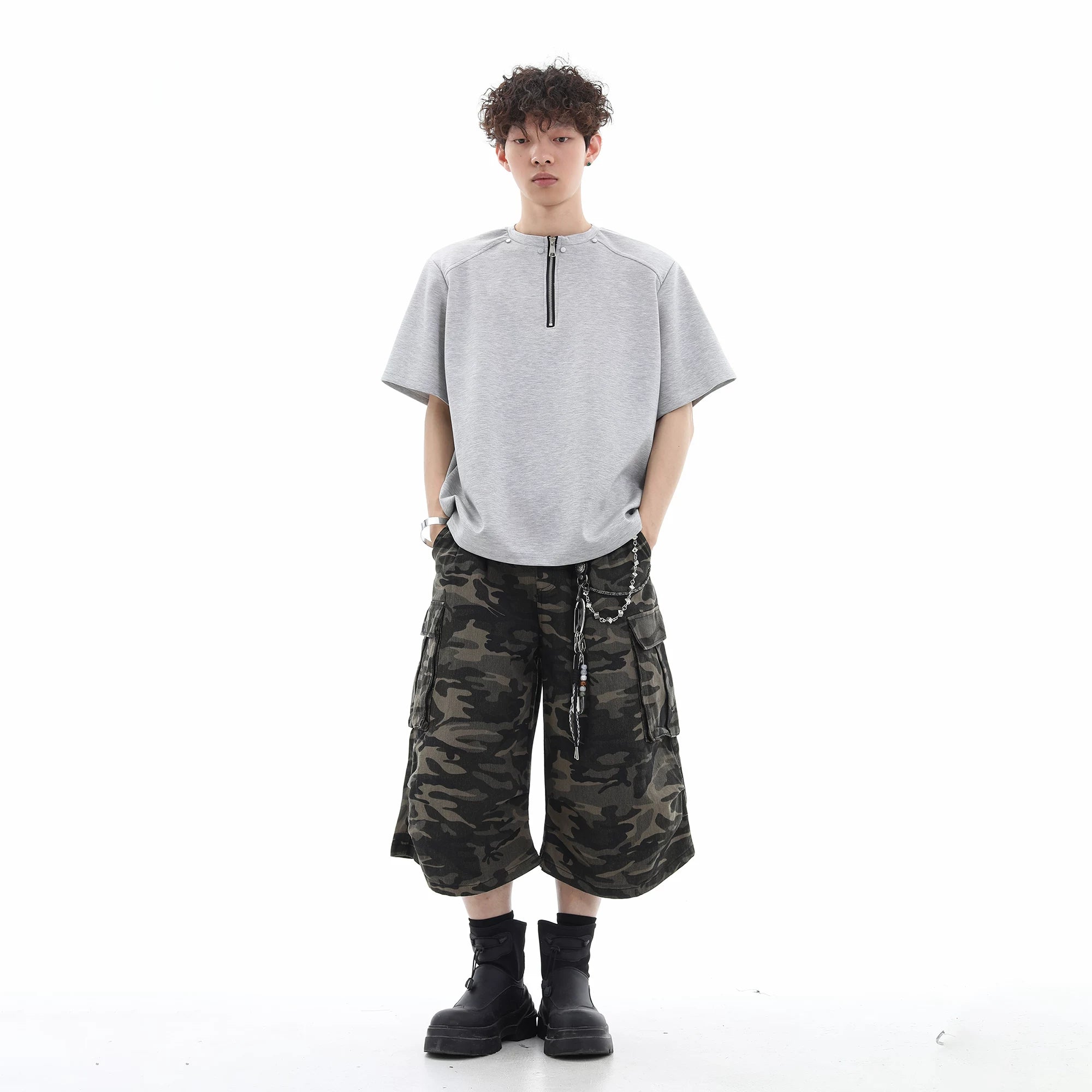 Trend st niche design high street rivet half zipper short sleeved T-shirt men's loose shoulder pad solid color half sleeve TEE