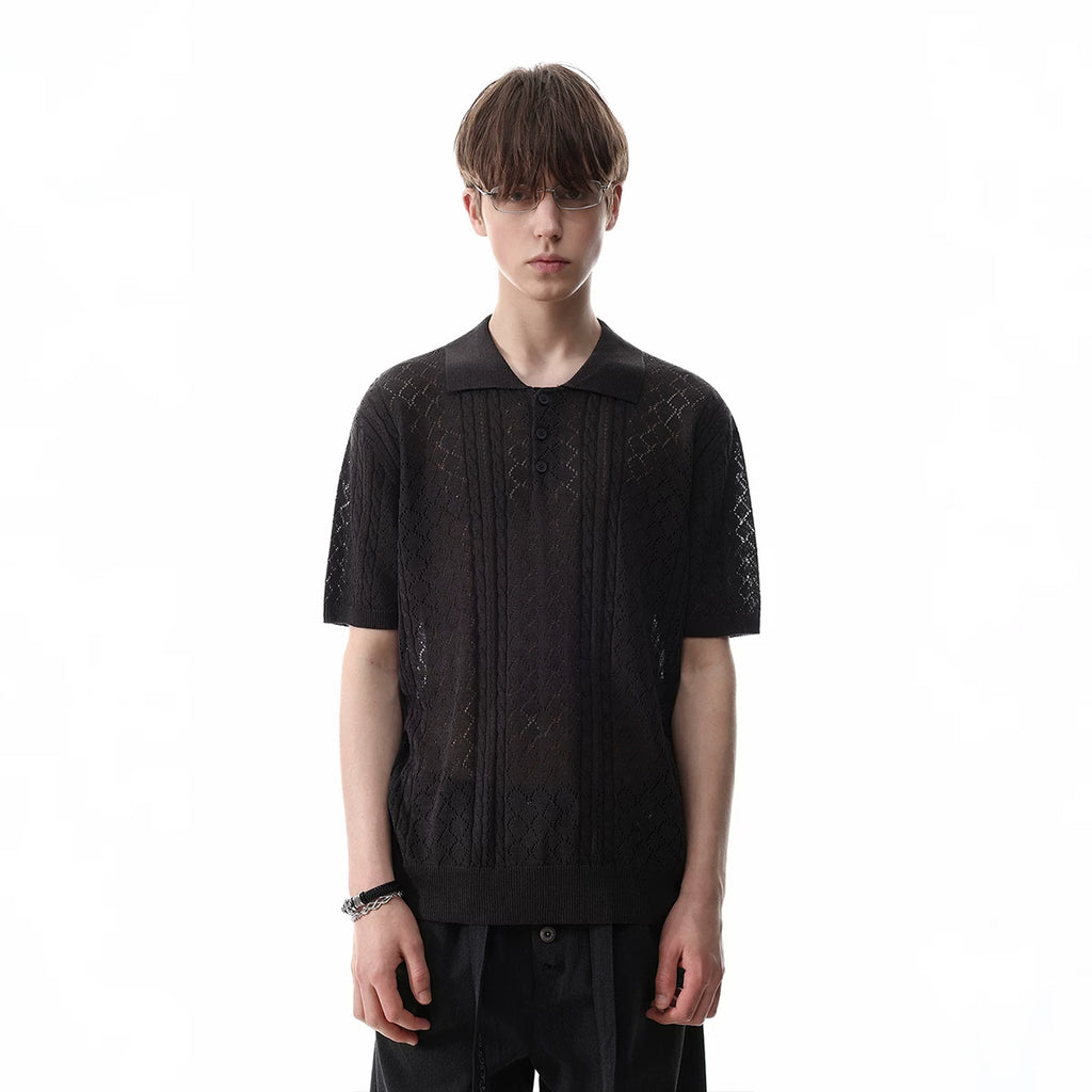 TREND ST Linen Old Money Style Hollow Jacquard Short Sleeve Polo Shirt for Men, Summer Short Width Breathable Knitted T-shirt