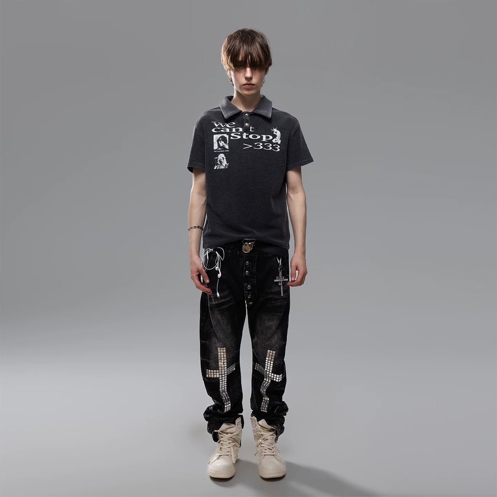 Light Asian street punk vintage waffle style shoulder T-shirt short sleeved men's summer boxy version short polo shirt