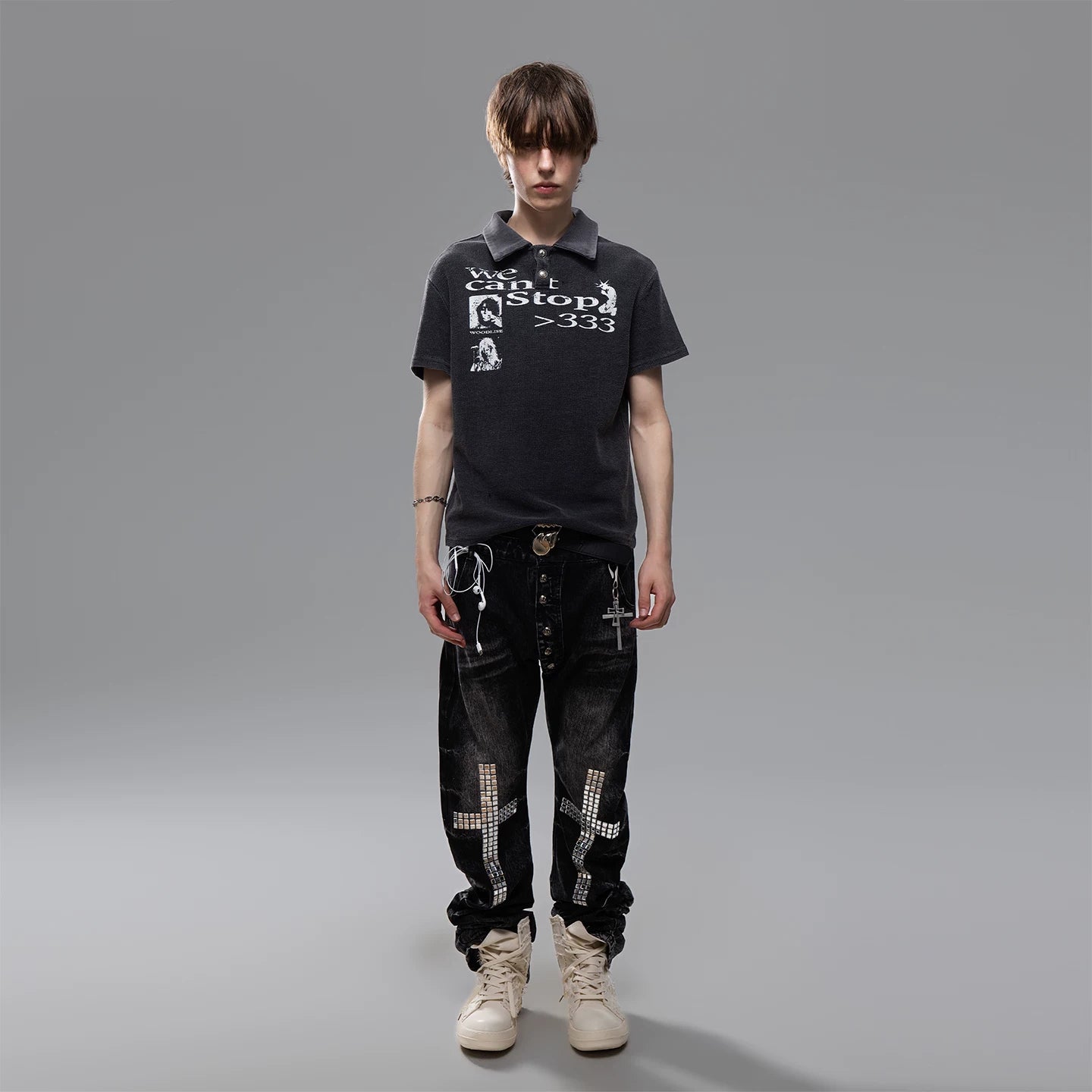 Light Asian street punk vintage waffle style shoulder T-shirt short sleeved men's summer boxy version short polo shirt