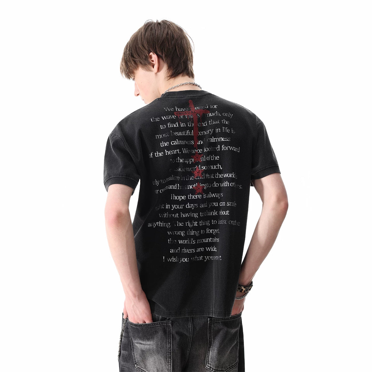 TREND ST American Street Letter Printed Short sleeved T-shirt Men's and Women's Contrast Round Neck Light Asian Boxy Shoulder Top