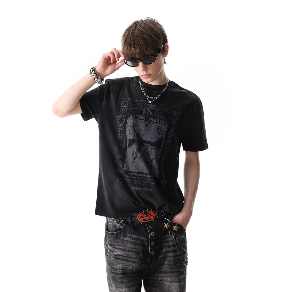 TREND ST Street Punk Vintage Rock Print Shoulder T-shirt Short Sleeve Men's and Women's Summer Short Width Top