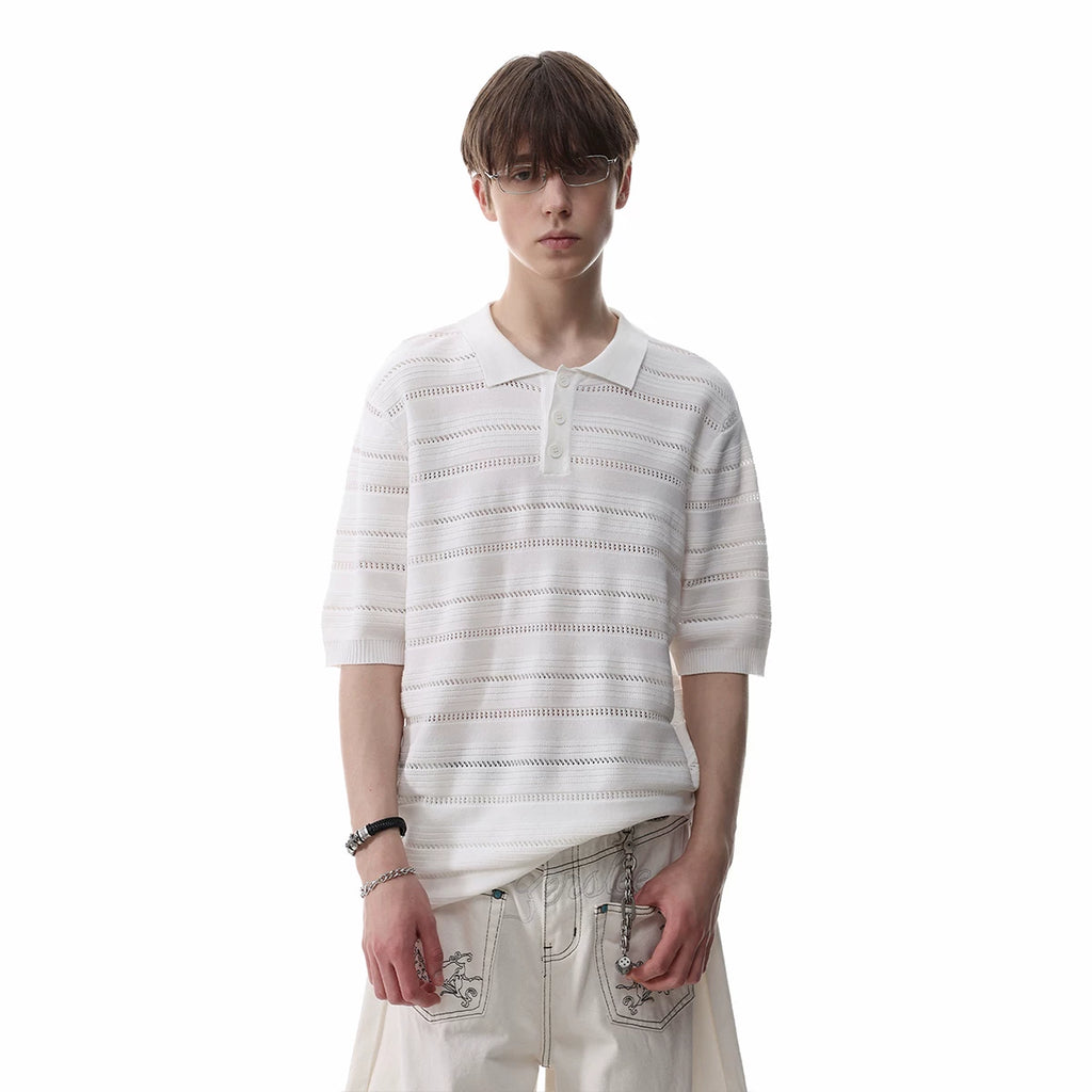 TREND ST old money style knitted short sleeved T-shirt for men's summer half sleeved polo shirt with hollowed out texture and a lapel top
