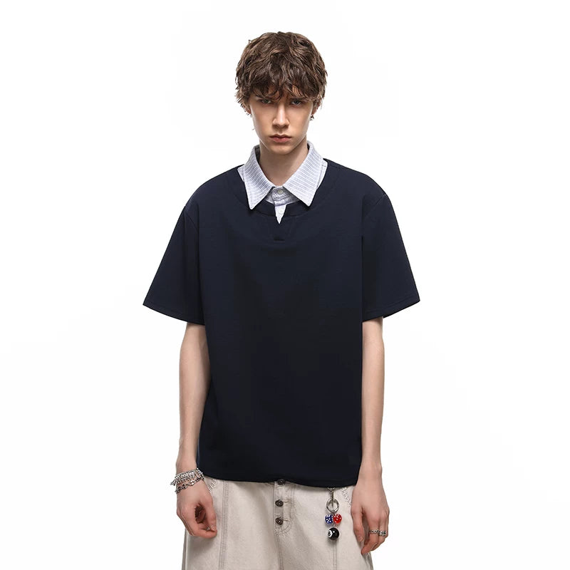 Trendy block summer miu department college style polo shirt short sleeved loose casual top for couples, fake two piece T-shirt