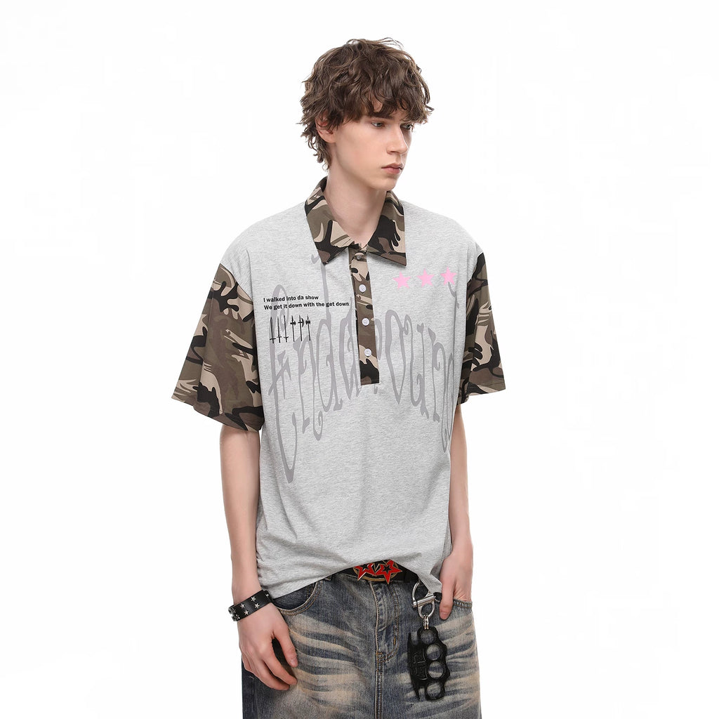 Vintage American fashion brand camouflage spliced polo shirt short sleeved men's summer trend loose casual couple T-shirt