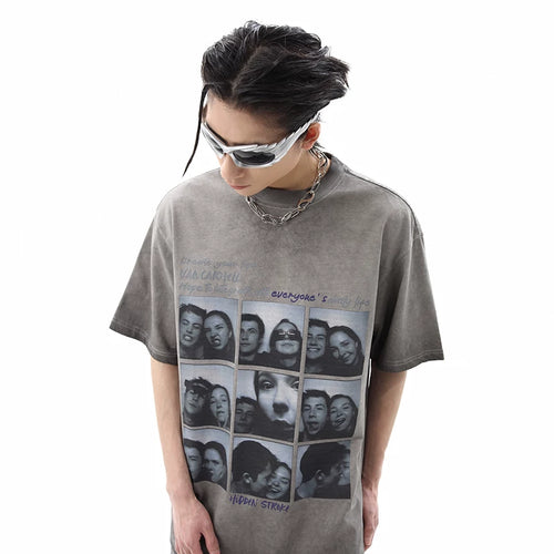 American style niche nine grid figure printed short sleeved T-shirt for men in summer, retro washed and worn, loose fitting couple half sleeved T-shirt