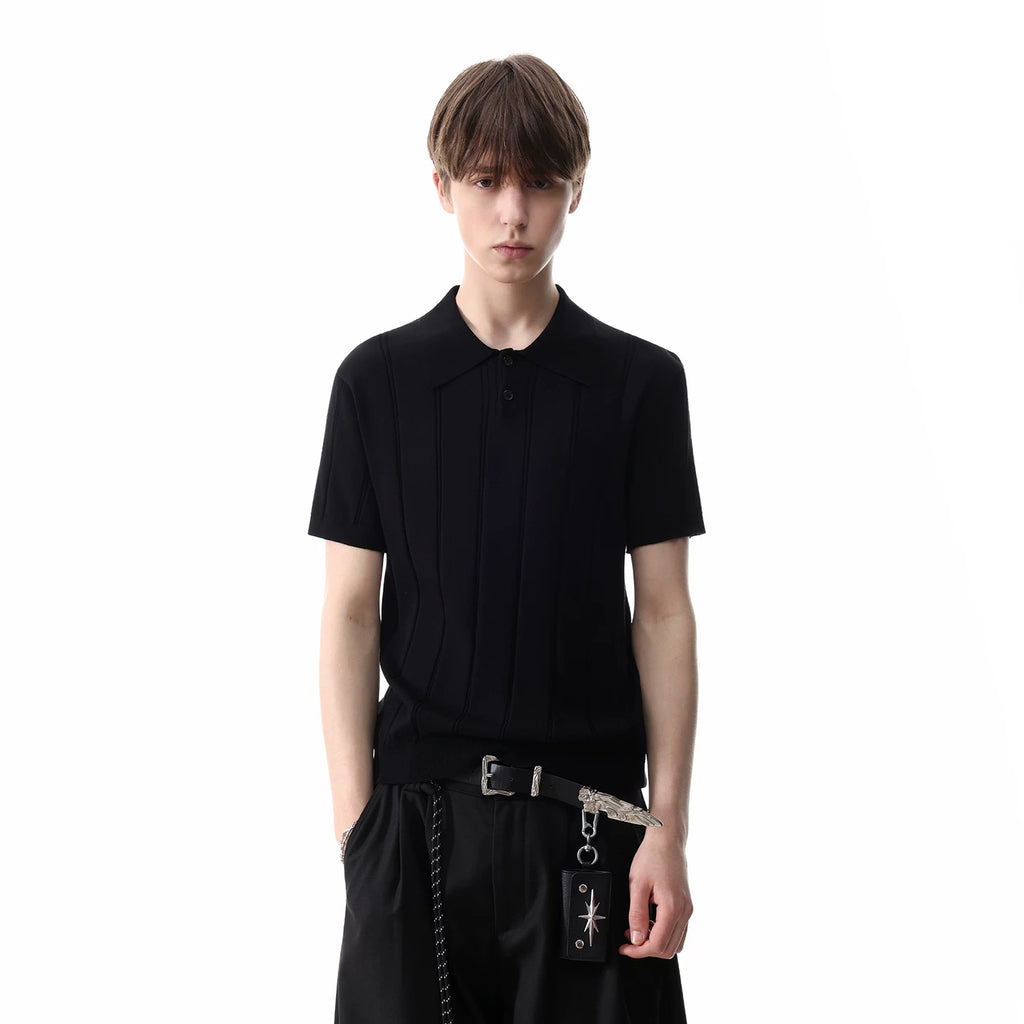 Old money style texture pit striped knitted short sleeved polo shirt for men's summer cleanfit short fit slim fit shoulder T-shirt