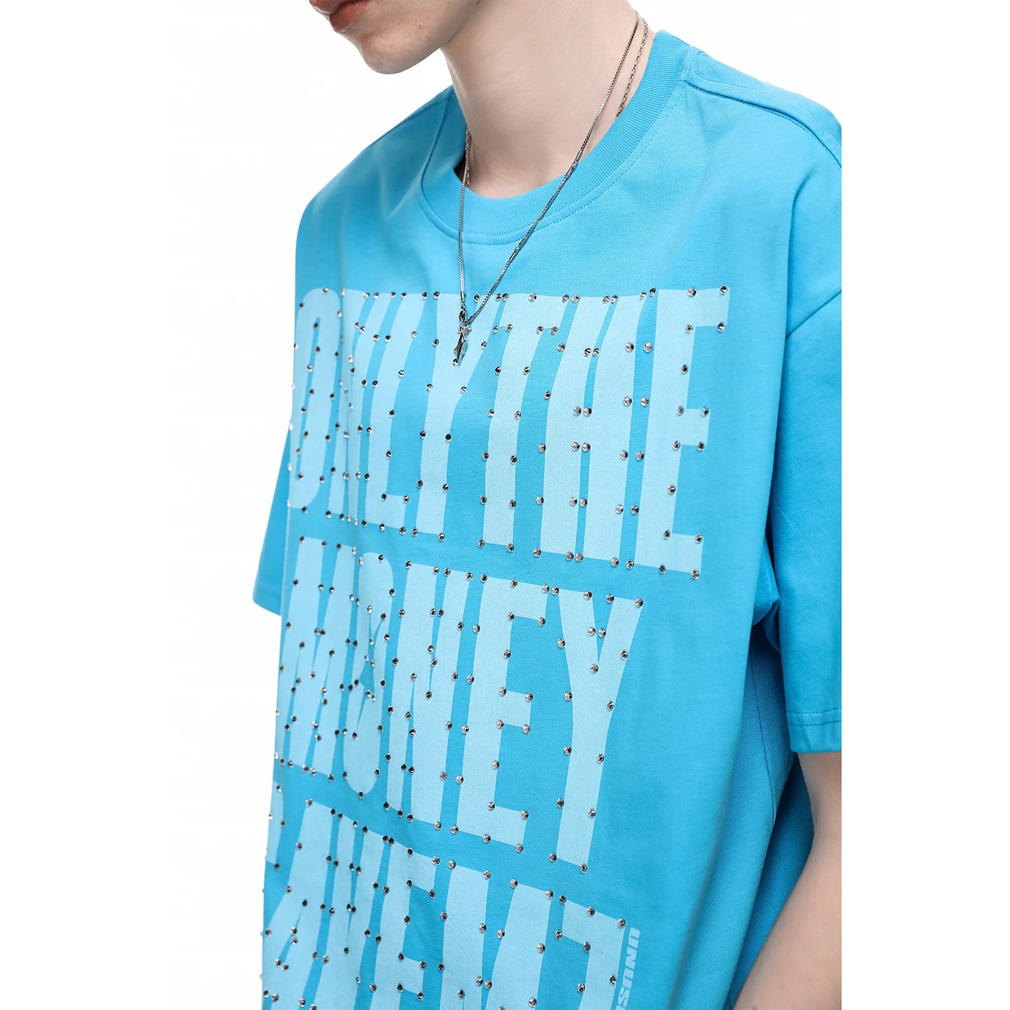 Trendy block American high street design with hot diamond letter print short sleeved T-shirt for men in summer, loose cotton half sleeved tee