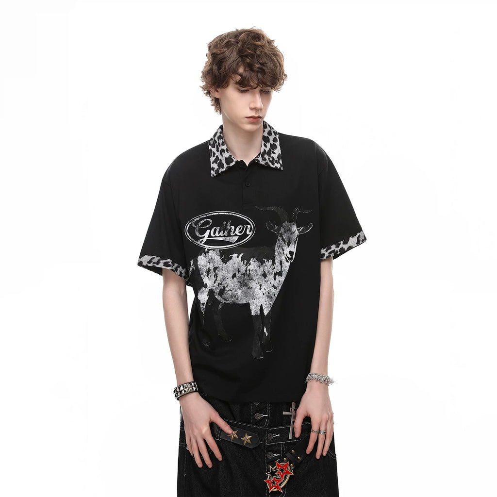 Trendy block American retro leopard print patchwork lapel T-shirt short sleeved men's summer loose goat print polo shirt