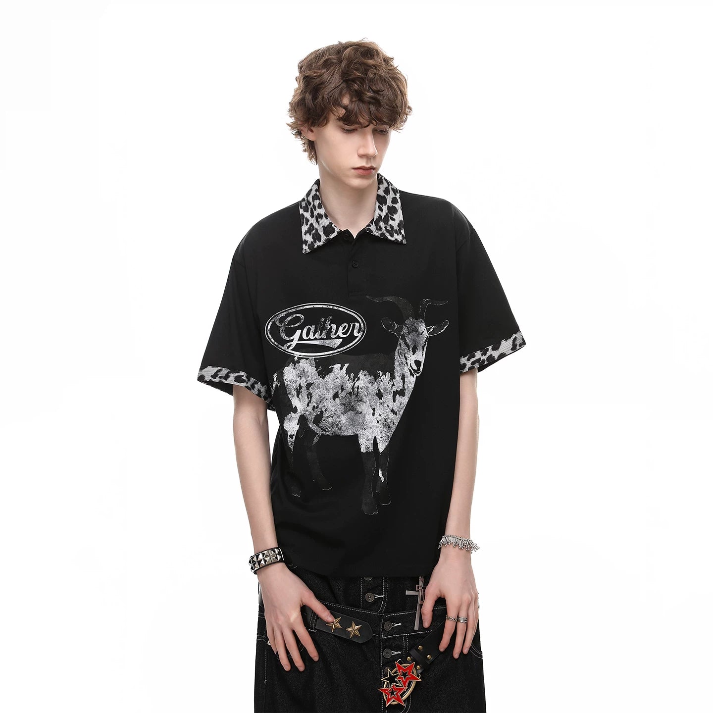 Trendy block American retro leopard print patchwork lapel T-shirt short sleeved men's summer loose goat print polo shirt