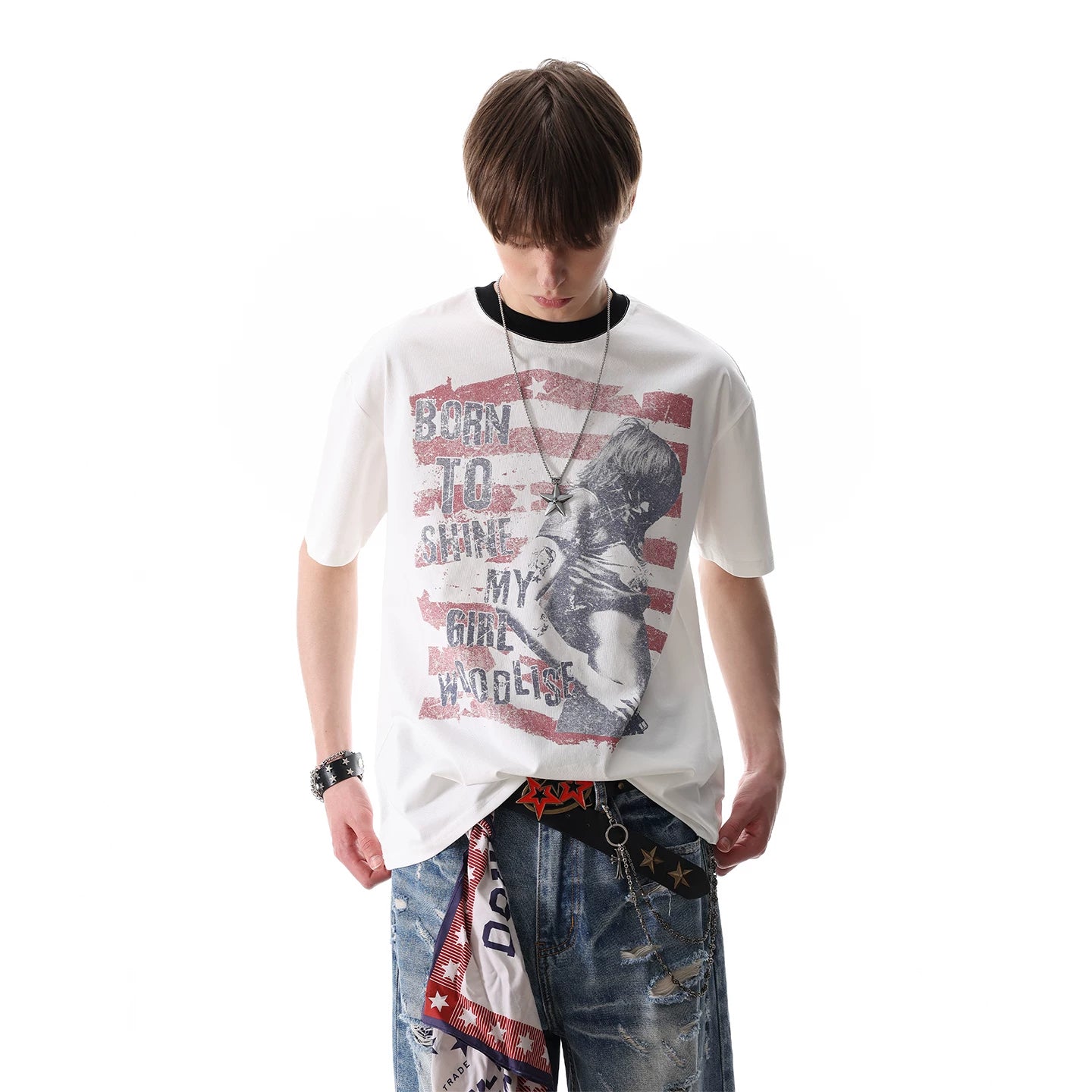 TREND ST Light Asian Street Retro Printed Short Sleeve T-shirt for Men's Summer Loose Solona Cool Half Sleeve T-shirt