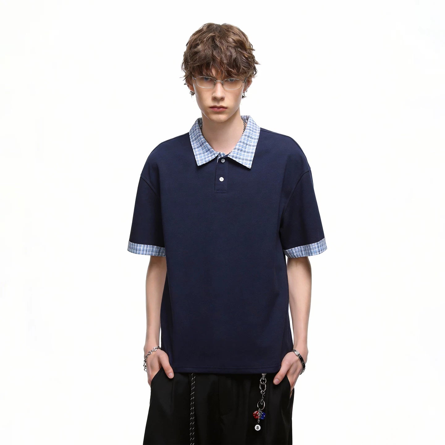 American retro fake two piece polo shirt short sleeved men's summer plaid lapel couple T-shirt cleanfit half sleeve