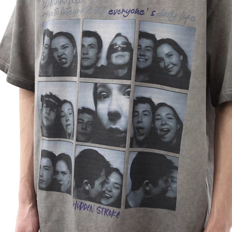 American style niche nine grid figure printed short sleeved T-shirt for men in summer, retro washed and worn, loose fitting couple half sleeved T-shirt
