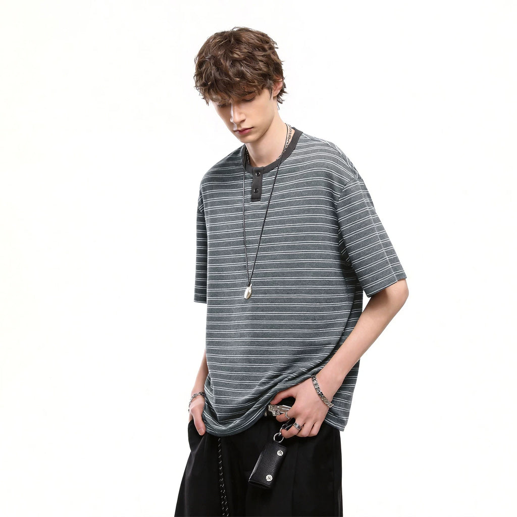 Trendy block American retro striped Henry collar short sleeved T-shirt men's summer loose couple T-shirt old money style top