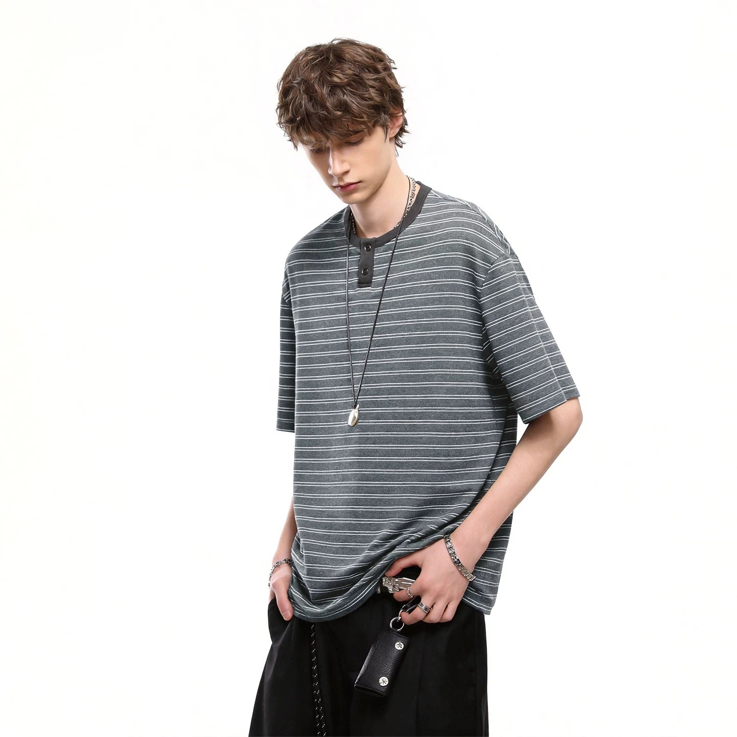 Trendy block American retro striped Henry collar short sleeved T-shirt men's summer loose couple T-shirt old money style top