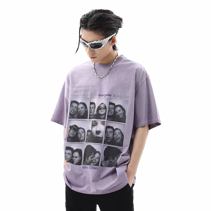 American style niche nine grid figure printed short sleeved T-shirt for men in summer, retro washed and worn, loose fitting couple half sleeved T-shirt