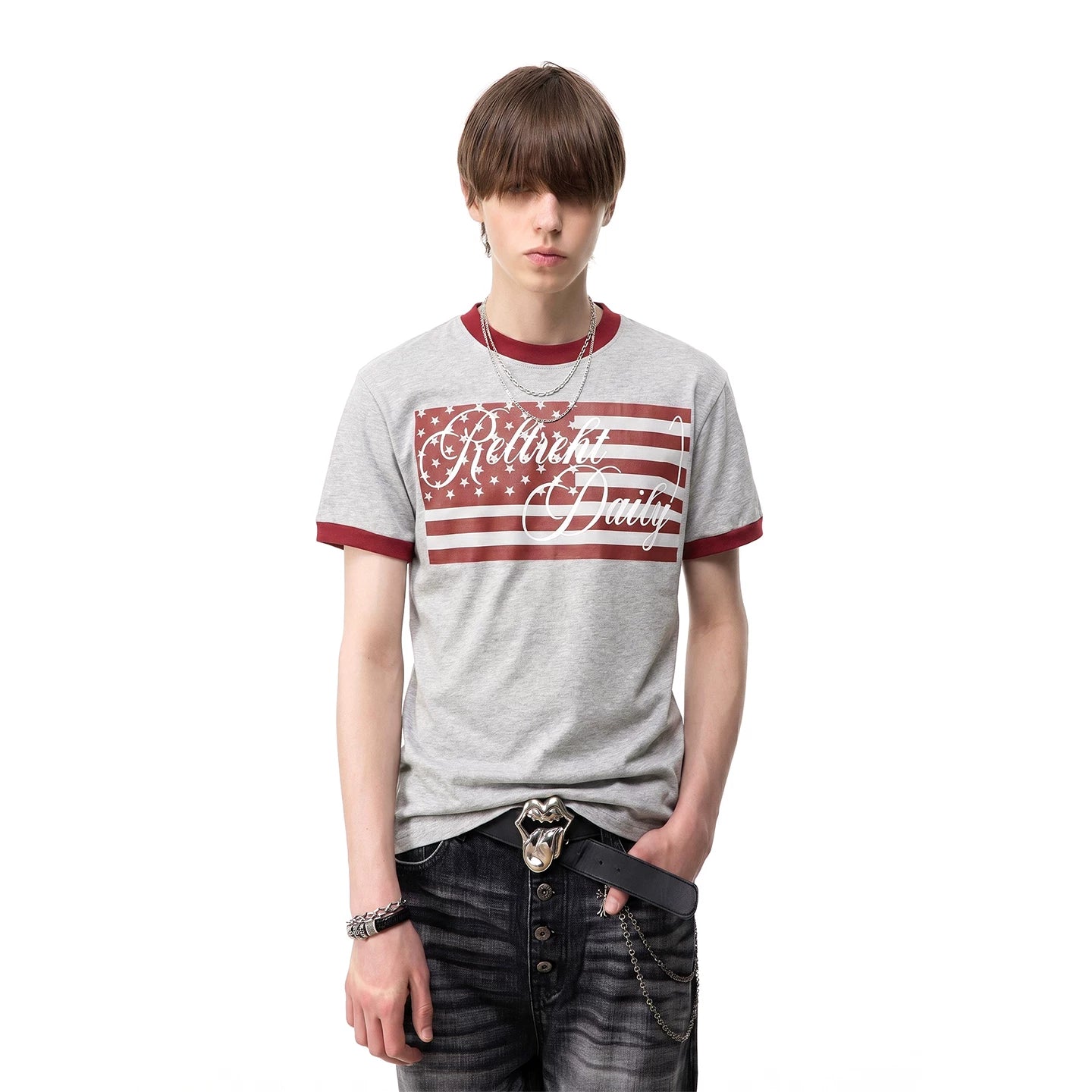 TREND ST American Retro Star Flag Printed Short Sleeve T-shirt Men's and Women's Contrast Round Neck Boxy Short Width Top
