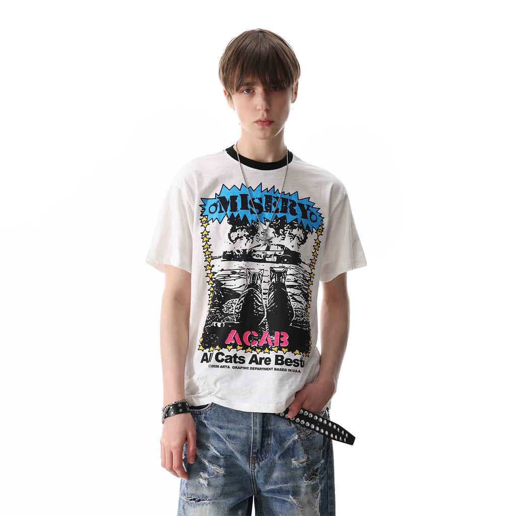 Thin and Cool TREND ST Street Punk Printed Shoulder Short sleeved T-shirt for Men and Women Summer Boxy T-shirt