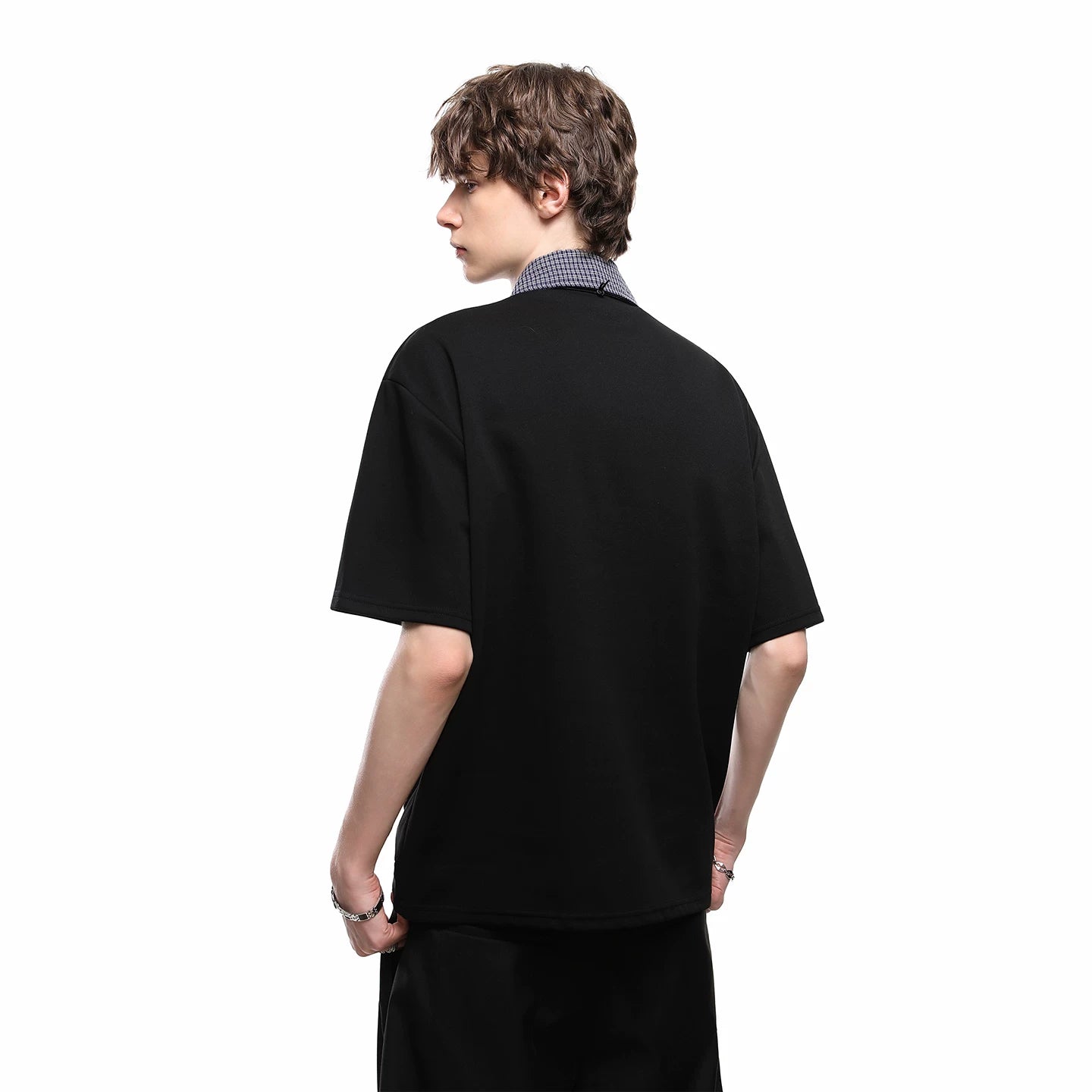 TREND ST American retro fake two-piece shirt collar short sleeved T-shirt men's summer checkered splicing loose polo shirt