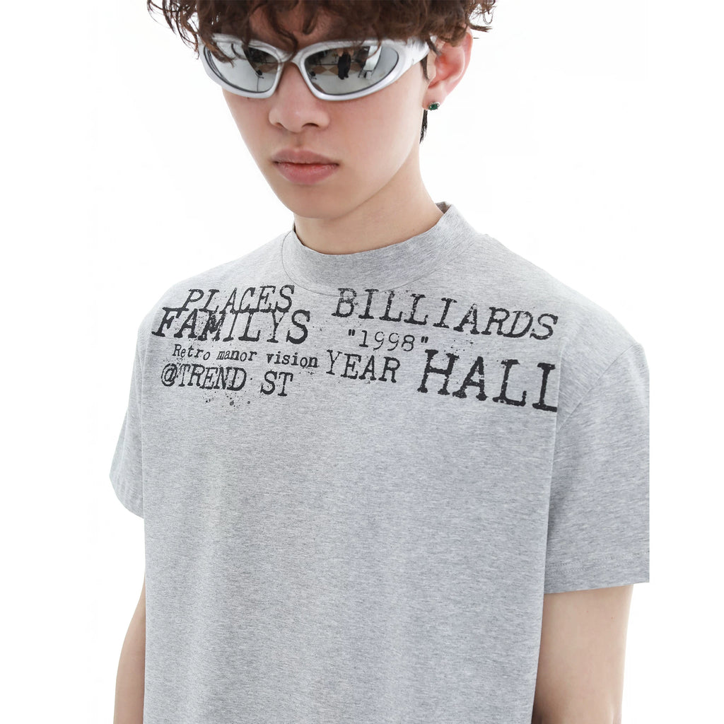 Summer niche letter printed high round neck casual short sleeved shirt for men and women, American style short cut, slim fit, elastic shoulder T-shirt trendy