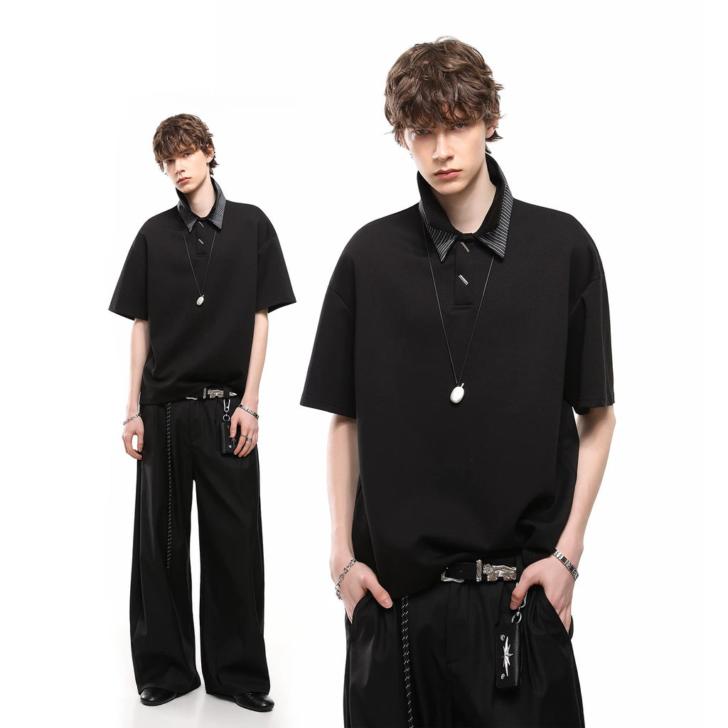 American style cleanfit striped splicing double-layer collar short sleeved T-shirt for boys, summer loose couple polo shirt top
