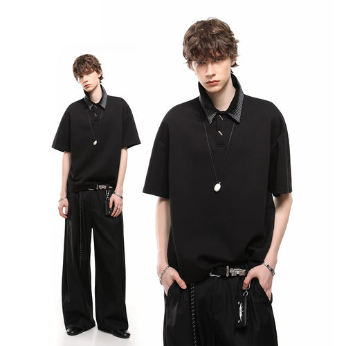 American style cleanfit striped splicing double-layer collar short sleeved T-shirt for boys, summer loose couple polo shirt top