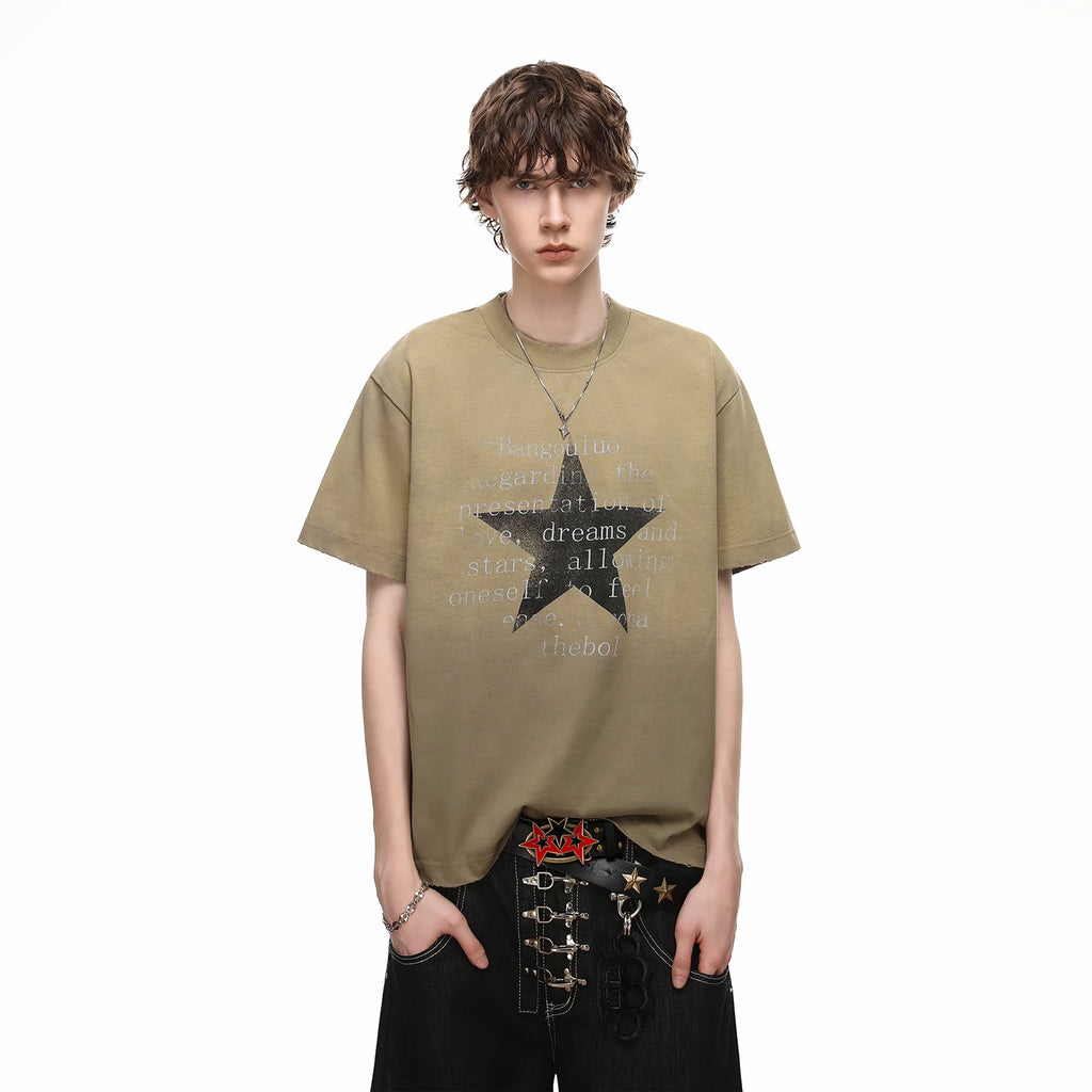 Trendy block American retro vintage vintage gradient short sleeved T-shirt for men's summer loose star print 350g heavyweight half sleeve