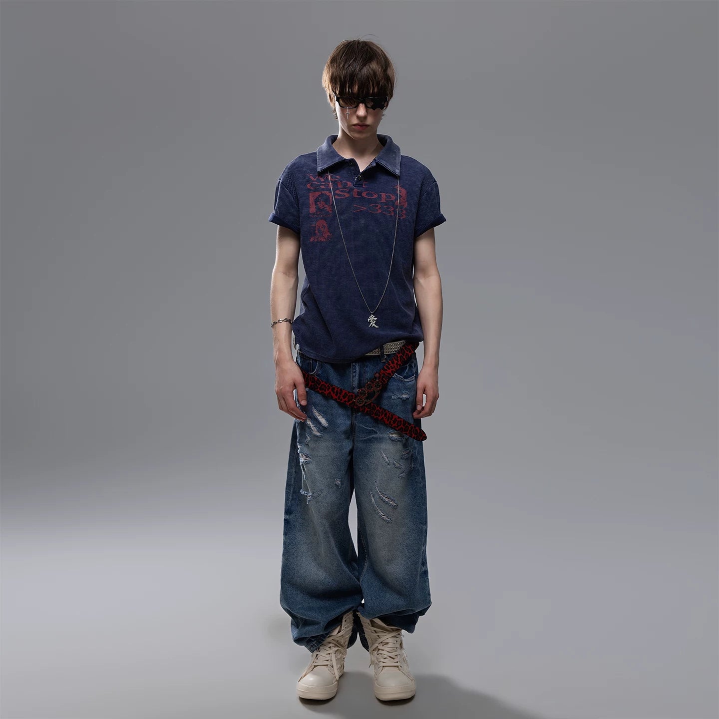 TREND ST Street Punk Retro Washed Vintage Printed Short Sleeve Polo Shirt for Men Summer Boxy Shoulder T-shirt
