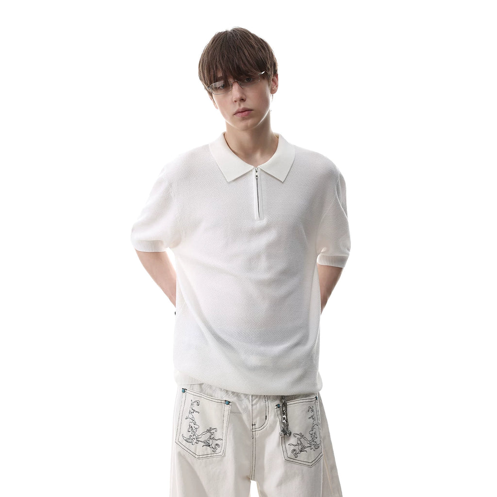 TRENDST Retro Money Style Texture Half Zipper Polo Shirt Men's Summer Commuter Loose Knitted Short Sleeve T-shirt
