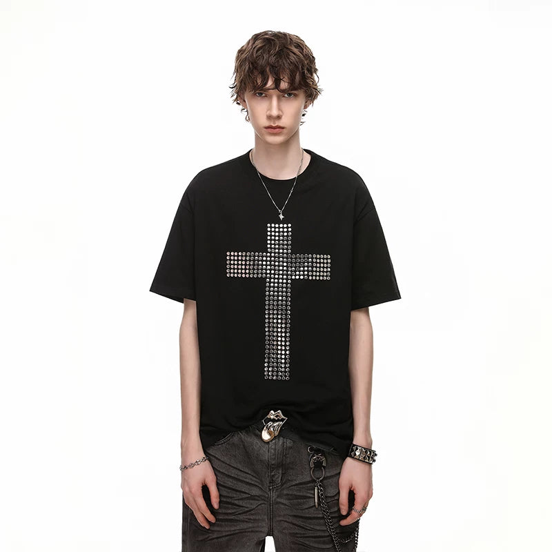 American street design, rivet cross, pure cotton T-shirt, short sleeved men's cleanfit, loose couple half sleeve