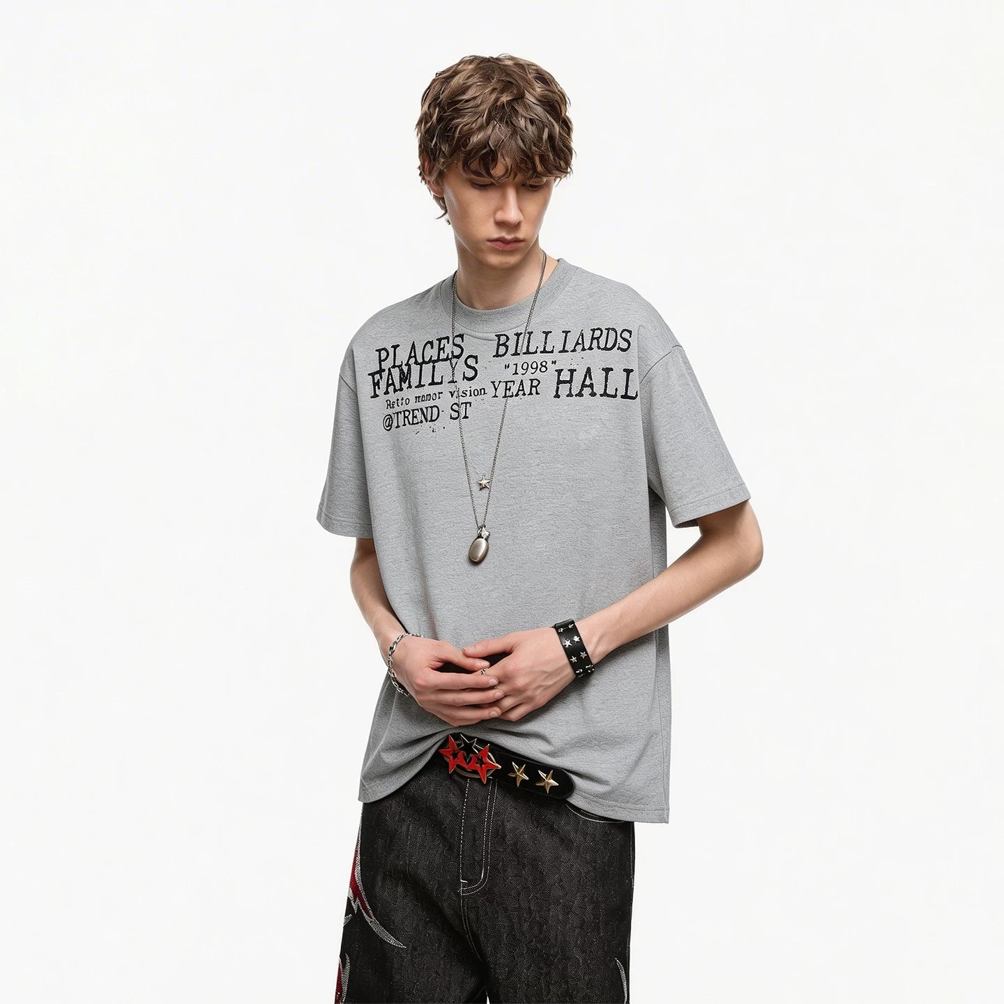TREND ST Summer Half High Neck Letter Printed Short Sleeve Men's Short Style Slim Fit Elastic Shoulder Boxy Edition T-shirt