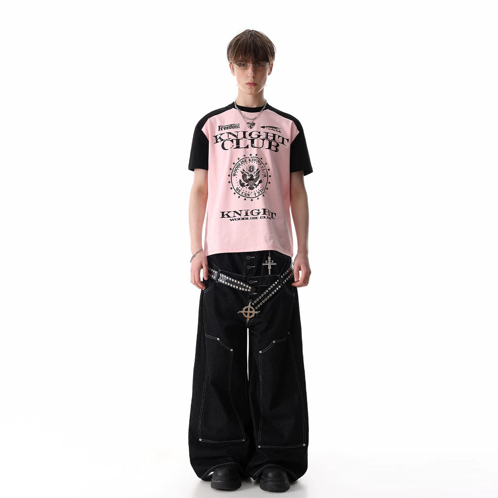 TREND ST subculture visual style contrasting T-shirt with men's and women's letter print shoulder short sleeved boxy cut top